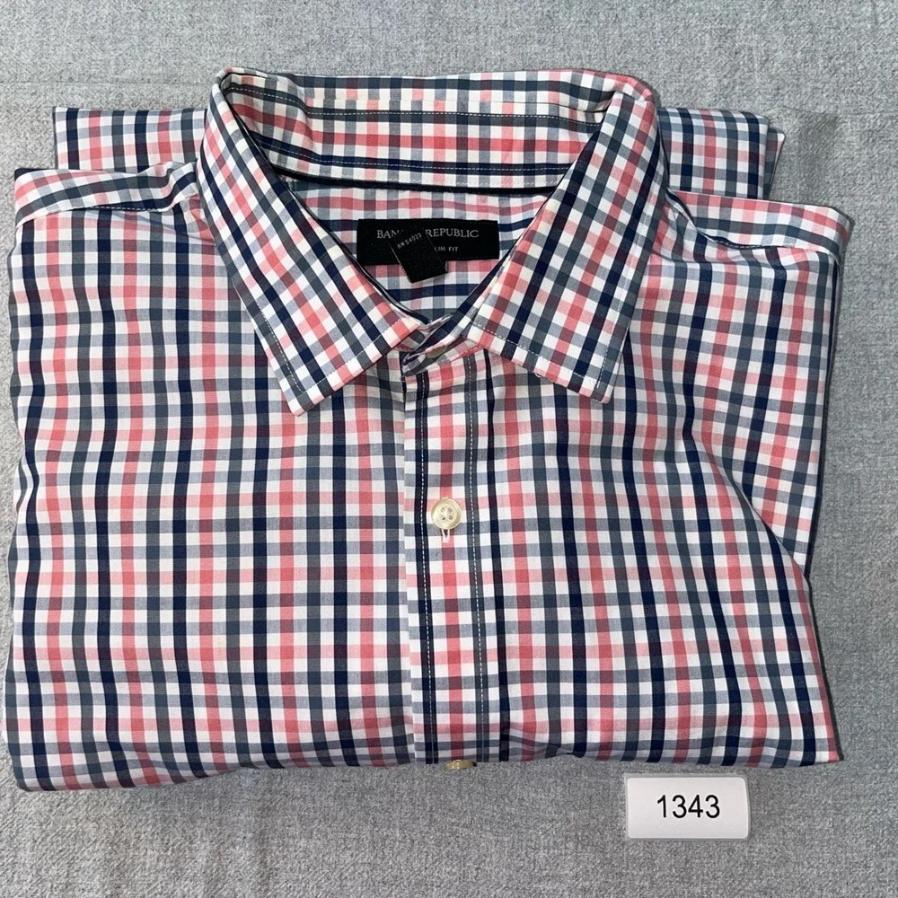 Banana Republic Shirt Men's XL 17-17.5 35-36 Red/Blue Check Non-Iron Slim Fit